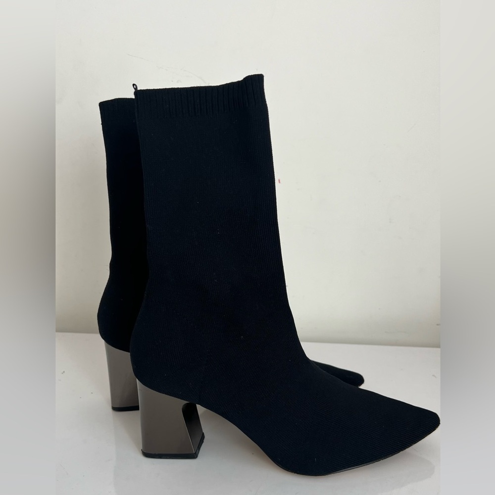Zara Black Microfiber Stretch Boot With Metallic Block Heel